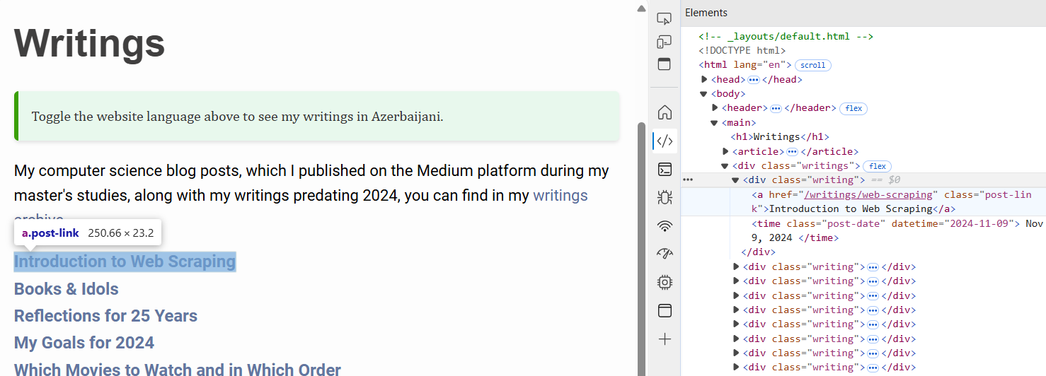 HTML Structure of a web page for web scraping